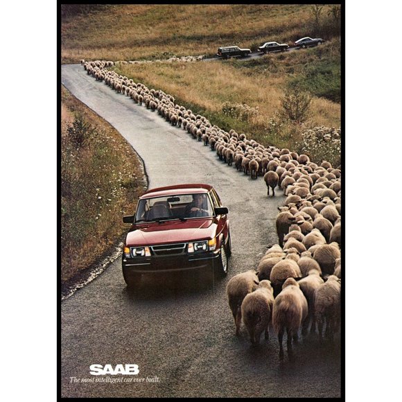 1984 Saab 900 Turbo 2 Page Vintage Print Ad Sheep Herd Country Road Hills Photo - Picture 2 of 3